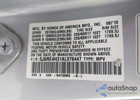 2010 Honda Cr-V Lx z USA, uszkodzony, nr VIN 5J6RE4H31AL076447